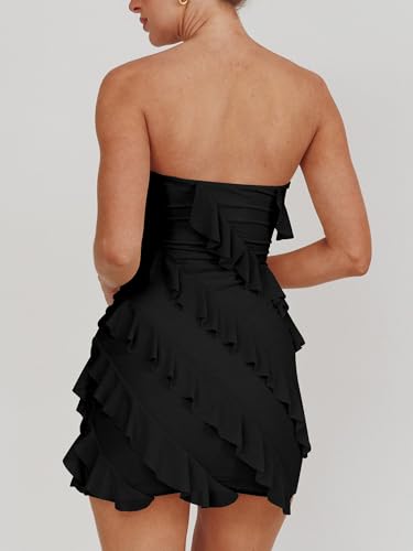 HOCILLE Women's Sexy Strapless Tube Top Bodycon Sleeveless Ruffle Mini Party Dress3