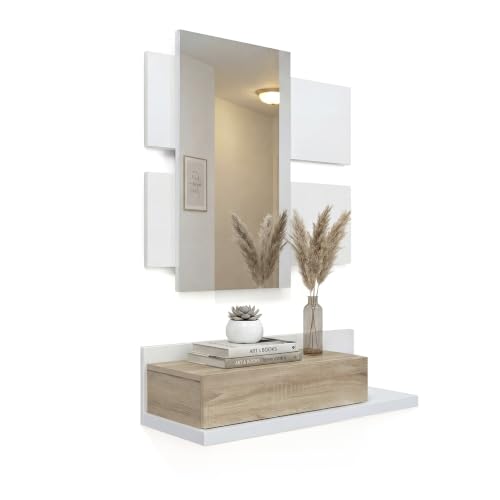 duehome | Recibidor con cajón y Espejo, Mueble de Entrada, Modelo Milo, Acabado en Blanco Artik y Roble Canadian, Medidas: 75 cm (Largo) x 29 cm (Fondo) x 116 cm (Alto)