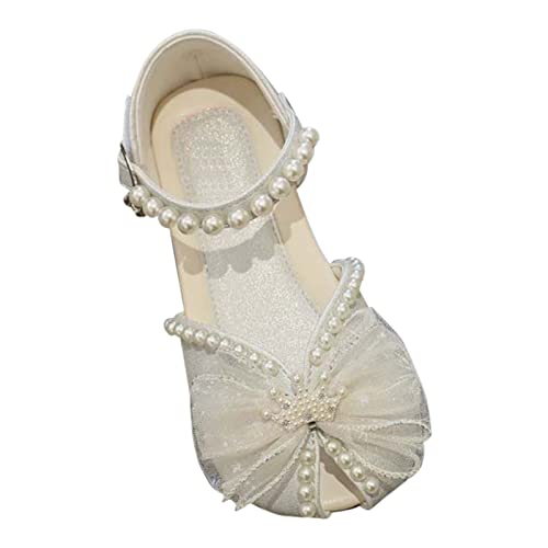 Girls Dress Shoes Mesh Bow Pearl Mary Jane Shoes Ballerina with Satin Ankle Tie for Wedding Sandals for Toddler Girls