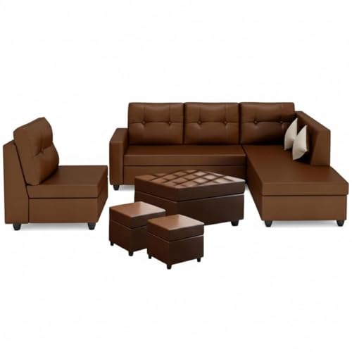 Image of FURNY Nathan 8 Seater Leatherette RHS L Shape Sofa Set with 1 Centre Table & 2 Puffy (Brown) Premium Finish | Durable Comfort | Ideal for Living Room