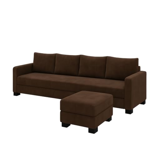 Image of FURNY Premium Canvas Fabric 5 Seater L Shape Sofa Set 4 Seater Modern Sofa Set & Ottoman for Living Room (Dark Brown Color) | Durable Comfort | Modern Design | Ideal for Living Room