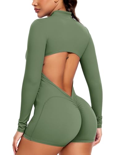 SEASUM Women Long Sleeve Shorts Jumpsuit Zip Up Bodysuits 2025 Yoga Workout Unitards Bodycon One Piece Tummy Control Open Back Romper Peacock Green XL