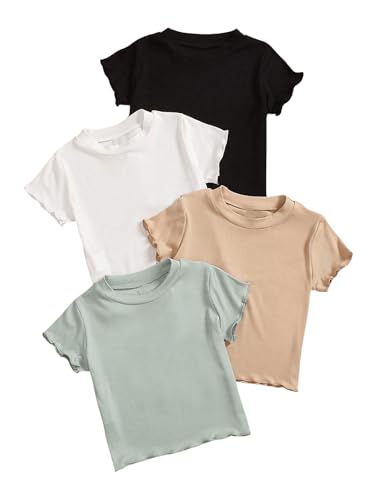 OYOANGLE Toddler Girl's 4 Piece Ribbed Knit Short Sleeve Tee Shirts Lettuce Trim Crew Neck Tee Tops