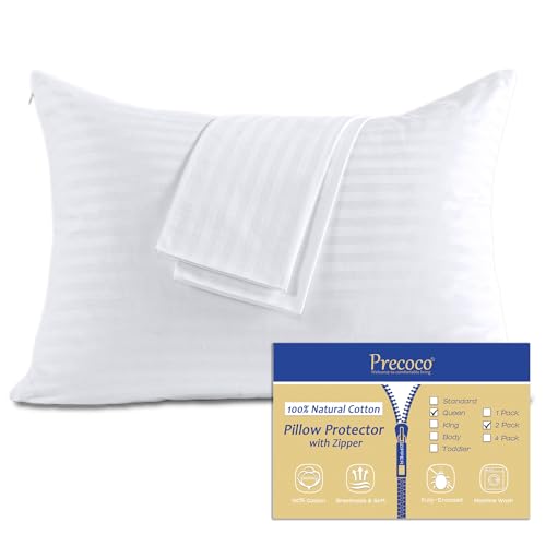 100% Cotton Pillow Protectors with Zipper Queen Size White Pillow Cases Set of 2 for Home & Hotel Sateen Soft Cooling Hidden Zippered Pillow Case Protector for Hair & Skin 20x30 in