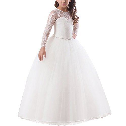 Girls' Tulle Flower Lace Wedding Bridesmaid Dress Long Sleeve Sweetheart Formal Floor Length Evening Gown White with Rhinestone 4-5 Years