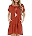 Freizeitkleid Damen Rundhal Lose Summerkleid Klassisch Einfarbig Damen Schwingender Kleid Kurzarm Rüschen A-Linie Mit Tasche Bequem All-Match Damen Kurze Kleider K-Red XL