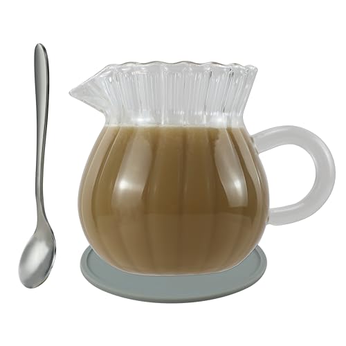 EIKS 200 ml Glass Creamer Pitcher with Handle and Spoon for Serving Coffee Milk Cream Tea Beverage Sauce Jam dressings