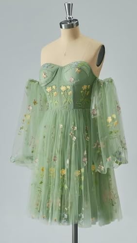 UZN Women's Puffy Sleeve Flower Embroidery Tulle Homecoming Dresses Short for Teens Mini Formal Prom Gowns4