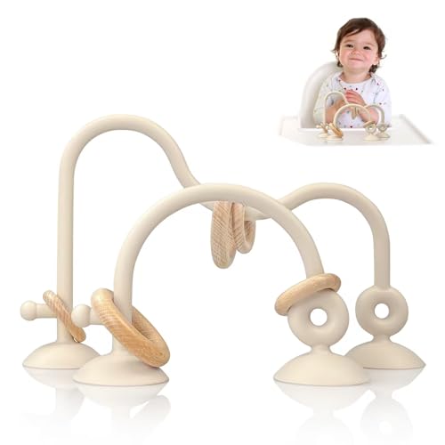 Image of oiimllby Baby Teething Toy, High Chair Suction Cup Toys for Infant Toddlers 0-6M, Food Grade Silicone Teether, Educational Parent-Child Baby Toys, Montessori Sensory Toy for Babies 6-12Months (Beige)