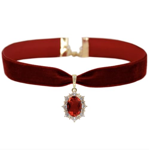 MOMOCAT 14K gold plated red velvet red crystal imitation ruby choker necklace for women vampire chokers necklaces 90s gothic chocker burgundy vintage chockers renaissance faire accessories