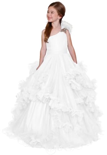 Girls Pageant Dress One Shoulder Feather Sequin Ball Gown Birthday Pageant Dress for Girls