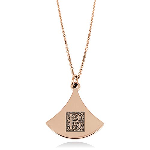 Rose Gold Plated Stainless Steel Letter B Initial Floral Box Monogram Pendulum Curved Triangle Charm Pendant Necklace