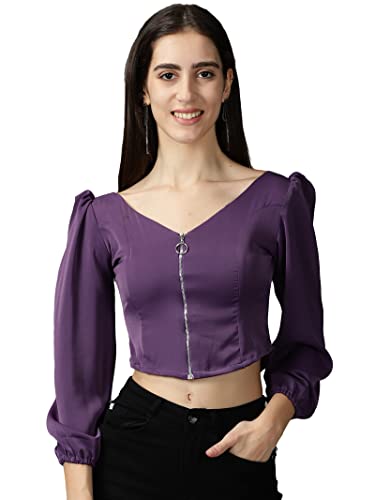 Image of SHOWOFFFF Women Solid Casual Top | V Neck Full Sleeves Crepe Top's for Womens | Regular Fit Regular Length Tops for Women's