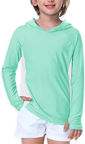 Hoodie Rash Guard for Boys Girls UPF 50+ Swim Shirt Long Sleeve Quick Dry Solid Athletic Shirts Tops Mint White 11-12 Years