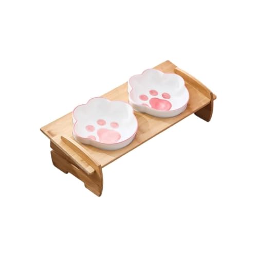 ペット用食器 猫食器 ご飯台 小型犬 15度の角度傾斜 竹製 陶製 セラミック ペットプレースマット付き フードボウル おやつ皿 お水入れ 餌入れ おしゃれ 人気 食べやすい (ダブルボウル+木製スタンド(ピンクボウル2個))