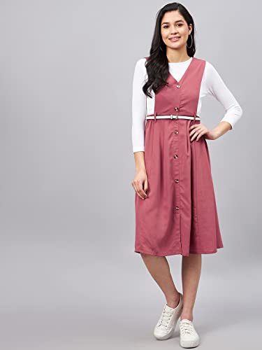 Image of WineRed Women Soild Pinafore Dress with Button