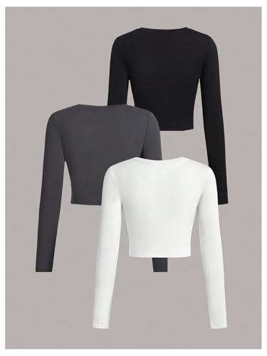 Floerns Girl's 3 Pcs Solid Long Sleeve Crop Top Crew Neck Knitted Tee Shirts2