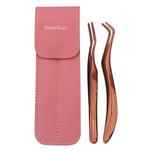 Beautélux Eyelash Applicator Tweezers 2 PCS Tool for False Eyelash Application & Lash Extensions, Mistake-Proof Lash Placement Tweezers for Professional and DIY Use, with Pink Leather case