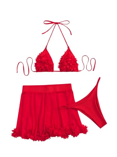 OYOANGLE Women's 3 Pieces Swimsuit Halter Triangle Bikini Swimsuit with Mesh Beach Skirt Cover Up4