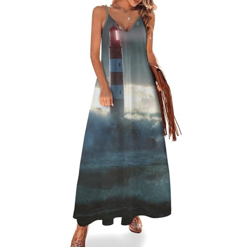 Robe longue femme été imprimé phare dans les nuages sans manches coupe fluide fluide et légère