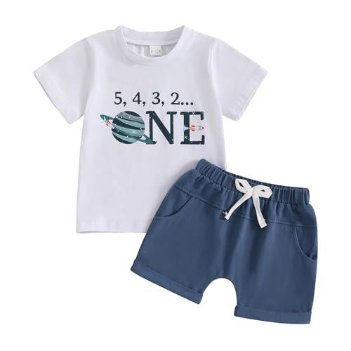 First Birthday Outfit Boy 1st Birthday Outfit Boy Letters First Trip Around the Sun Short Sleeve Shirt Shorts Cake Smash Outfit (A-White Blue,12-18 Months)