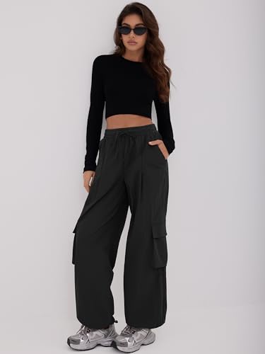 ZAFUL Cargo Pants for Women High Waisted Casual Pants Baggy Wide Leg Y2K Streetwear with 6 Pockets Drawstring Ankle Cuffs3