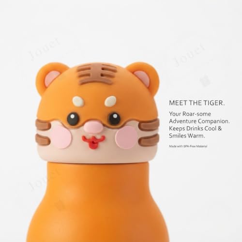 Image of JOUET 450ml Stainless Steel Kids Water Bottle with Cute Giraffe Character Lid, Leakproof Drinking Bottle for School, Travel, Sports & Everyday Use