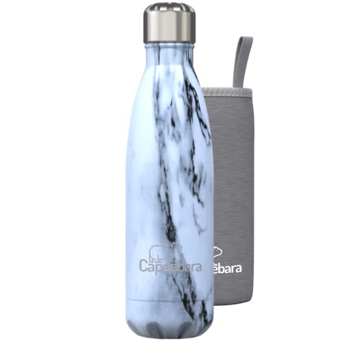 Capeebara - Gourde Inox Isotherme - Chaud et Froid - Housse OFFERTE - (Blanc Marbré Brillant, 500 ml) Cover