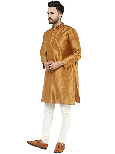Image of SKAVIJ Men's Dupion Silk Embroidered Kurta Pajama Mandarin Collar Ethnic Motifs Festive Party Dress