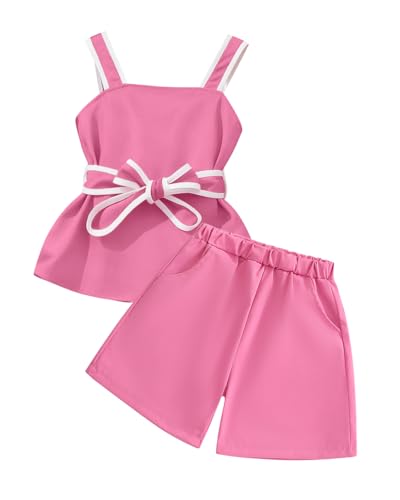 Image of Cakaner Tween Girls 2 Piece Outfit Set Summer Tank Top and Elastic Waist Shorts with Belt Size 7-14