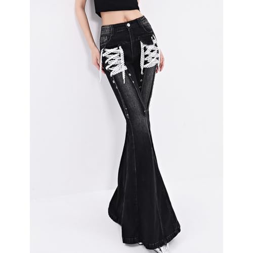 Y2K Harajuku High Waisted Denim Pants for Women Fashion Vintage Lace Drawstring Gradual Bell Bottom Jeans4