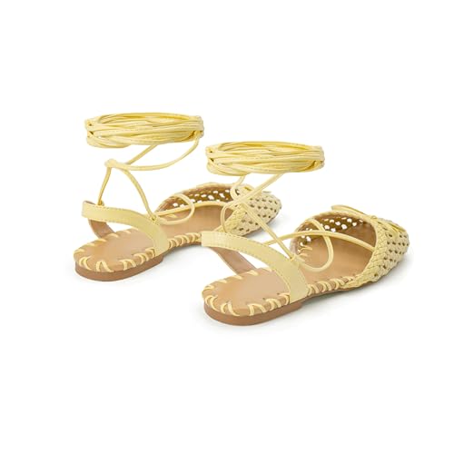 Image of Woven Ballet Flats for Women Lace Up Closed Square Toe Summer Flats Shoes