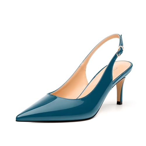 Women's Slingback Pumps, Pointed Toe Buckle Mid Stiletto Heel, Fashion Solid Patent High Heel Shoes for Women