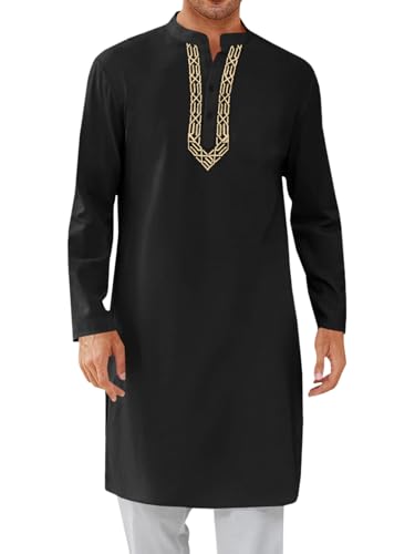 Runcati Mens Kaftan Thobe Button Down Casual Henley Shirts Long Sleeve Robe Cotton Linen Muslim Gown Shirt Black