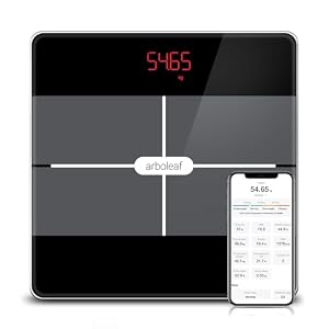 arboleaf Weegschaal voor personen, lichaamsanalyse, digitale weegschaal met app en 13 lichaamsmassa, 180 kg, bluetooth personenweegschaal voor BMI, lichaamsvet en spieren, eiwitten, BMR enz. (zwart)