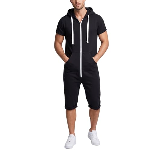 Image of NOROZE Men's Casual Plain Full-Zip Hoodie One-Piece Jumpsuit Romper Cap-sleeve Overalls Fitness Sportswear Playsuit (L, Black)