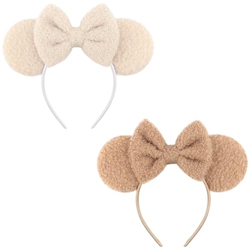 Image of DRESHOW Wool Mouse Ears Bow Headbands Fluffy Hair Bands Bow Hairband Soft Plush Headwear Party Decoration Cosplay Costume for Women
