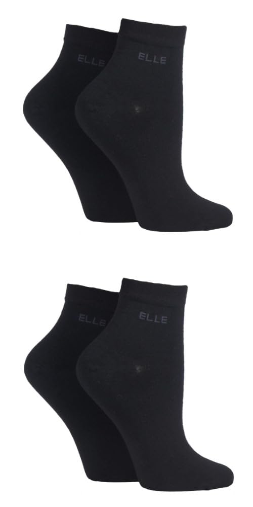 ELLE Ladies Patterned and Plain Assorted Sock Styles including Anklets, No Show, Trainer and Regular Bamboo Socks in a Multipack of 4 Anklet Black 4-8