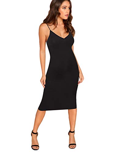 SheIn Women's Sleeveless V Neck Spaghetti Strap Solid Bodycon Midi Party Dress Black Large