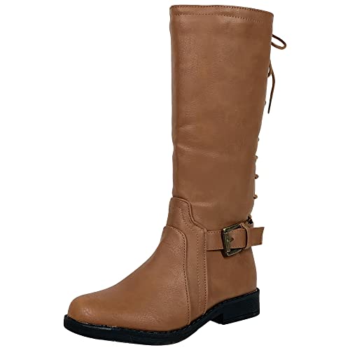 SOBEYO Girls' Riding Boots Corset Lace Up Back Mid Calf Knee High Block Heels