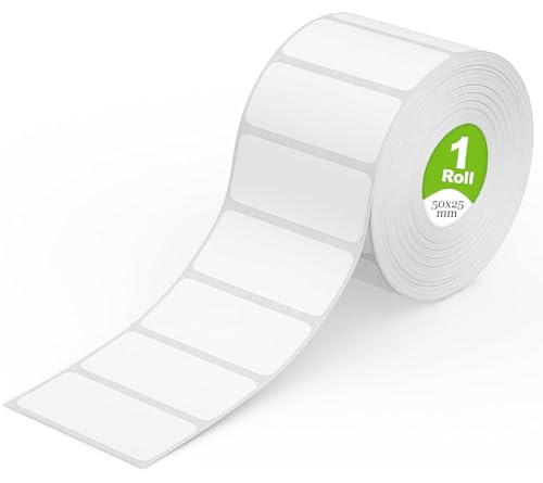 GLUN® 50x25 Direct Thermal Barcode Label Sticker - 2 x 1 inch - 50mm x 25mm - 1000 Labels Per Roll - White Self Adhesive Sticker for Printing Barcoding (1 Roll per Pack (1000 Labels))