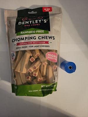 Dentleys Chomping Chews Pork Belly 60 Count with 1 Dog Waste Bag
