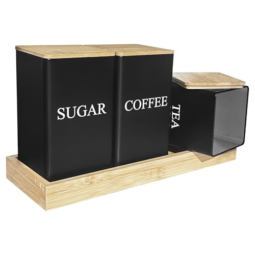 Abaigeal Juego de 3 botes de té, café, azúcar, té negro, café y azúcar, juego de recipientes de metal con tapa hermética de bambú y bandeja