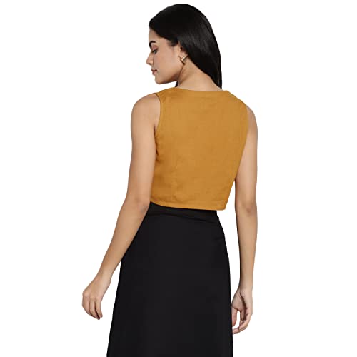 Image of DEEBACO Women's Regular Fit Cotton Pintuck Round Neck Solid Crop Top for Women Stylish Sleeveless One Piece Casual Girl Tops (White, Pink, Mustard)