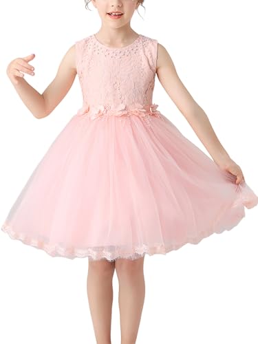 Lace Tulle Girls Flower Girl Dress with Pearls 3D Flower Appliques Tutu A Line Formal Party Dresses