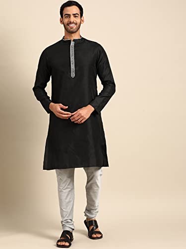 Image of Men's Black Art Silk Regular Fit Ethnic Motifs Kurta | Indian Kurta | Festive Ethnic Kurta with Embroidered Packet