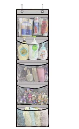 Homgaty ウォールポケット 5段 ドア掛け収納式ポケット ディスプレイ 収納袋 壁掛け収納ポケット 吊り下げ収納ポケット 頑丈 大容量 不織布 小物収納 タオル ぬいぐるみ おもちゃ 書類/雑誌など フック10個付き（グレー）