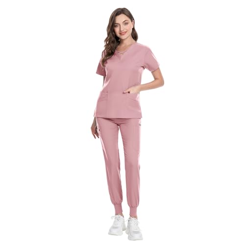 Image of VIAOLI Scrubs for Women Set Modern V-Neck Top & 8 Pocket Jogger Pants Nursing Uniform Solid Stretch Workwear