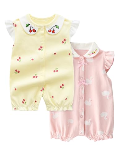 JiAmy Paquete de 2 mamelucos de verano para niñas de 0 a 12 meses, lindos monos de algodón de manga corta de una sola pieza, rosa, 3-6 meses