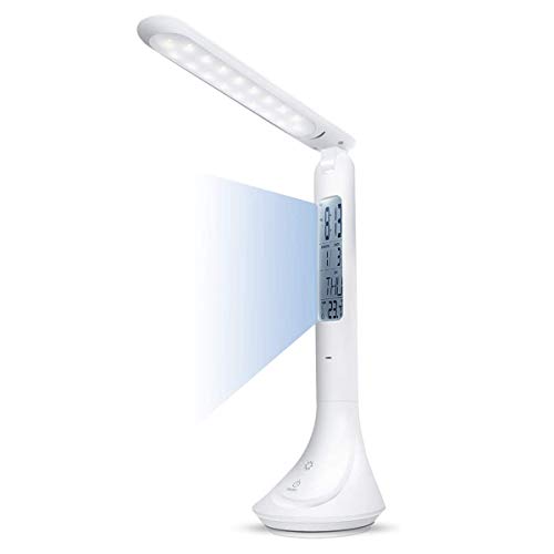 Desk Lamp, Eye-Caring Office Lamp,Folding Desk Lamps Built-in LCD Display Temperature, Clock, Calendar,3-Level Dimmer, 4000K Touch Control Lamp for Bedside Table, Bedroom Study, and Office